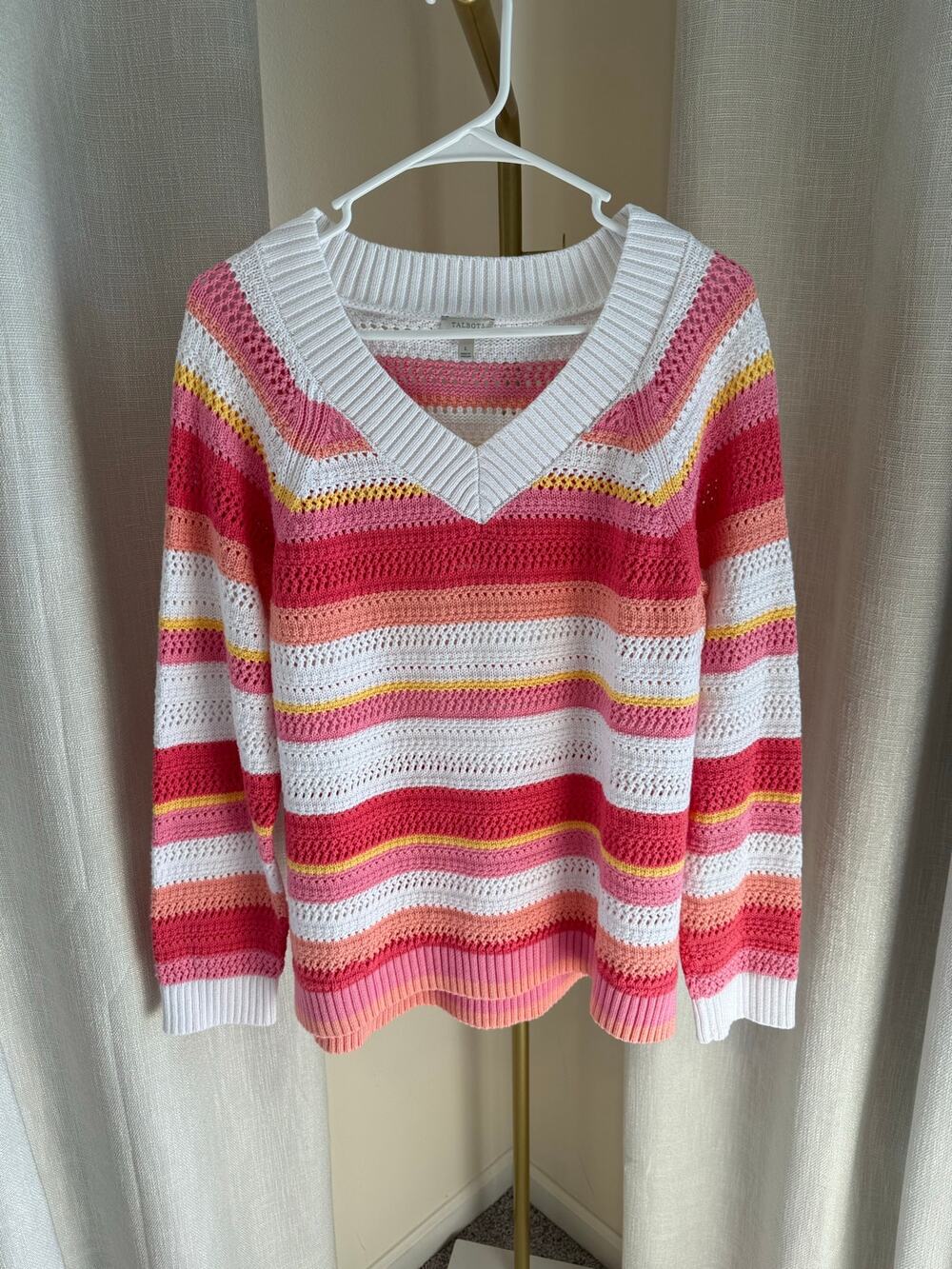 Talbots Pullover Sweater Women's Large Multicolor Striped V-Neck Open Knit